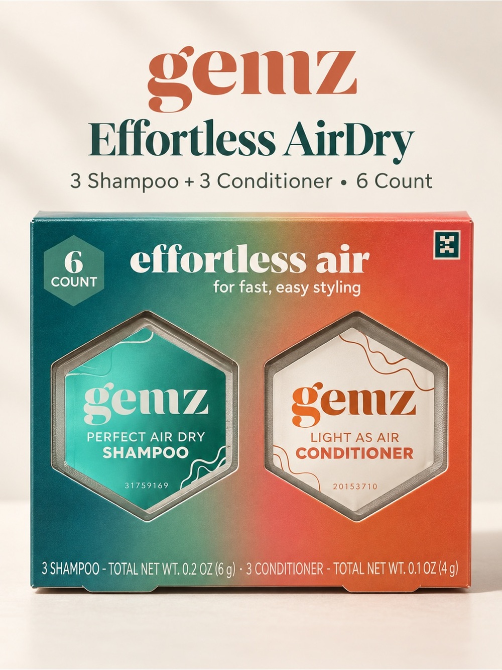 gemz Effortless AirDry Shampoo & Conditioner Mini Kit | 6 Count